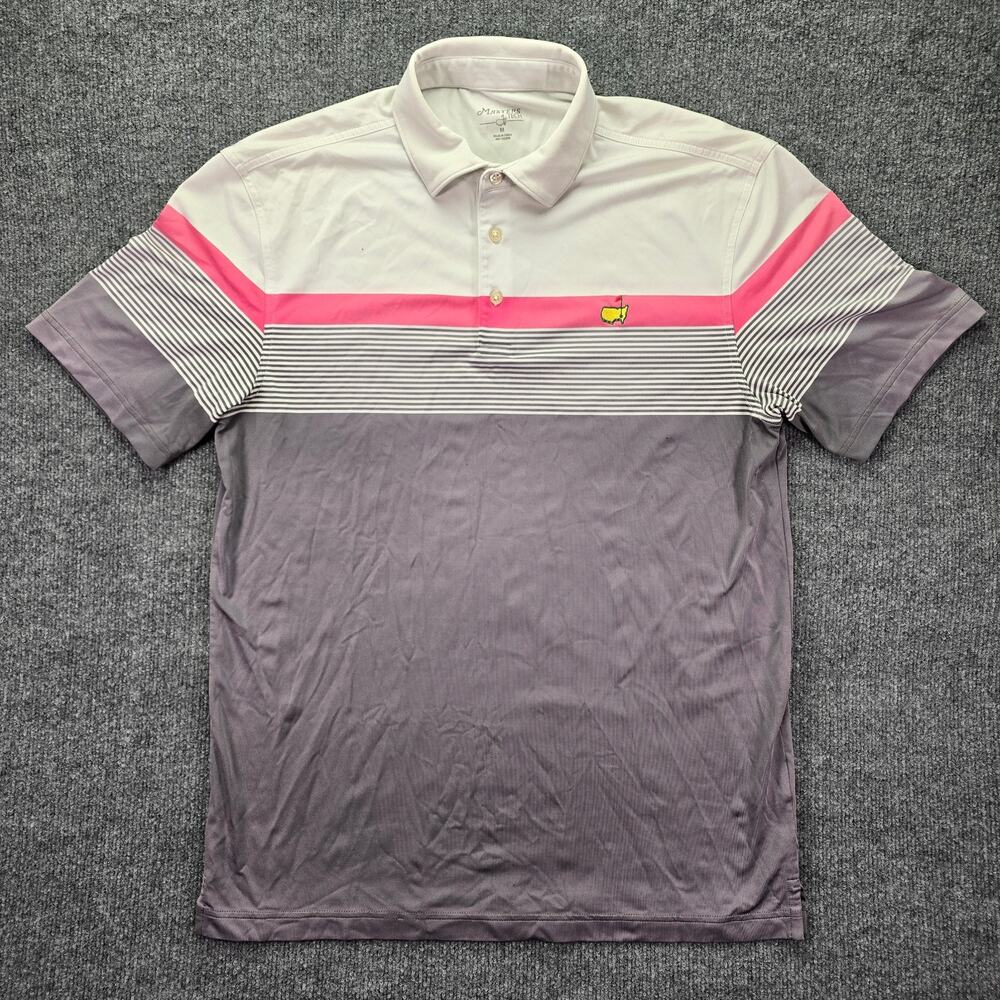 Masters Tech Polo Shirt Mens Medium Gray White Striped Augusta Golf Performance